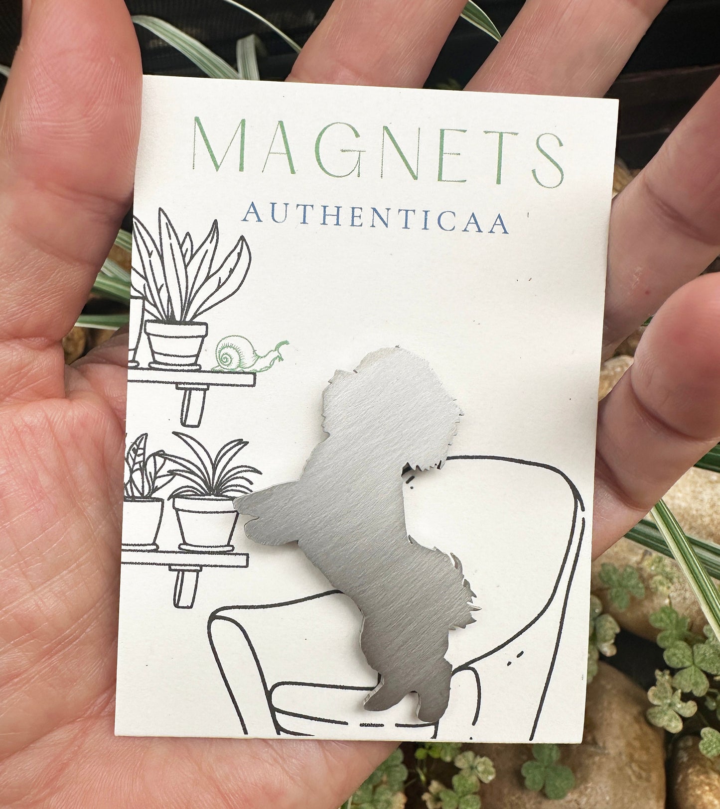 Shitzu magnet made of stainless steel placed on an illustrated card in hand