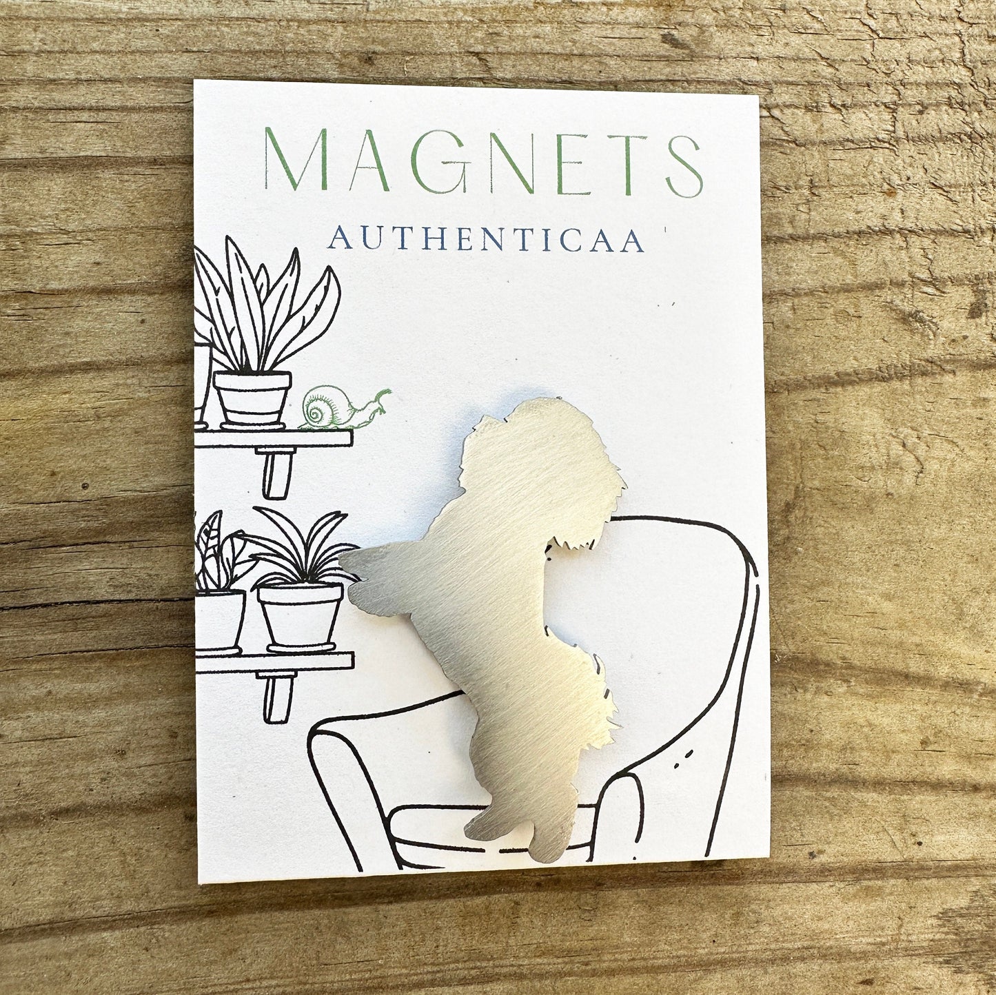 Shitzu magnet made of stainless steel placed on an illustrated card