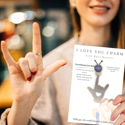 ASL I Love You Charm with Rose Quartz Gemstone - Authenticaa