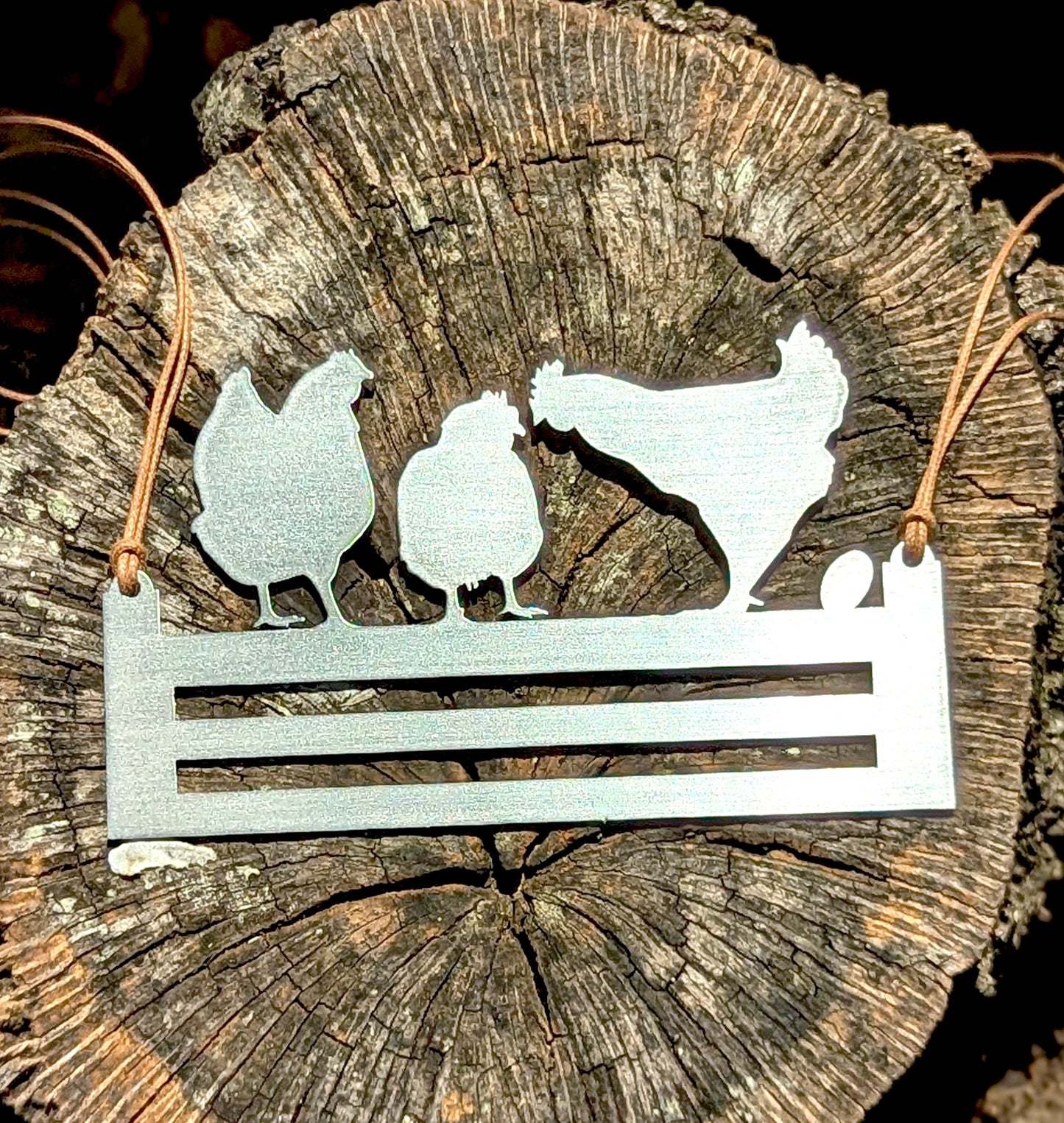 chicken on a fence, stainless steel ornament