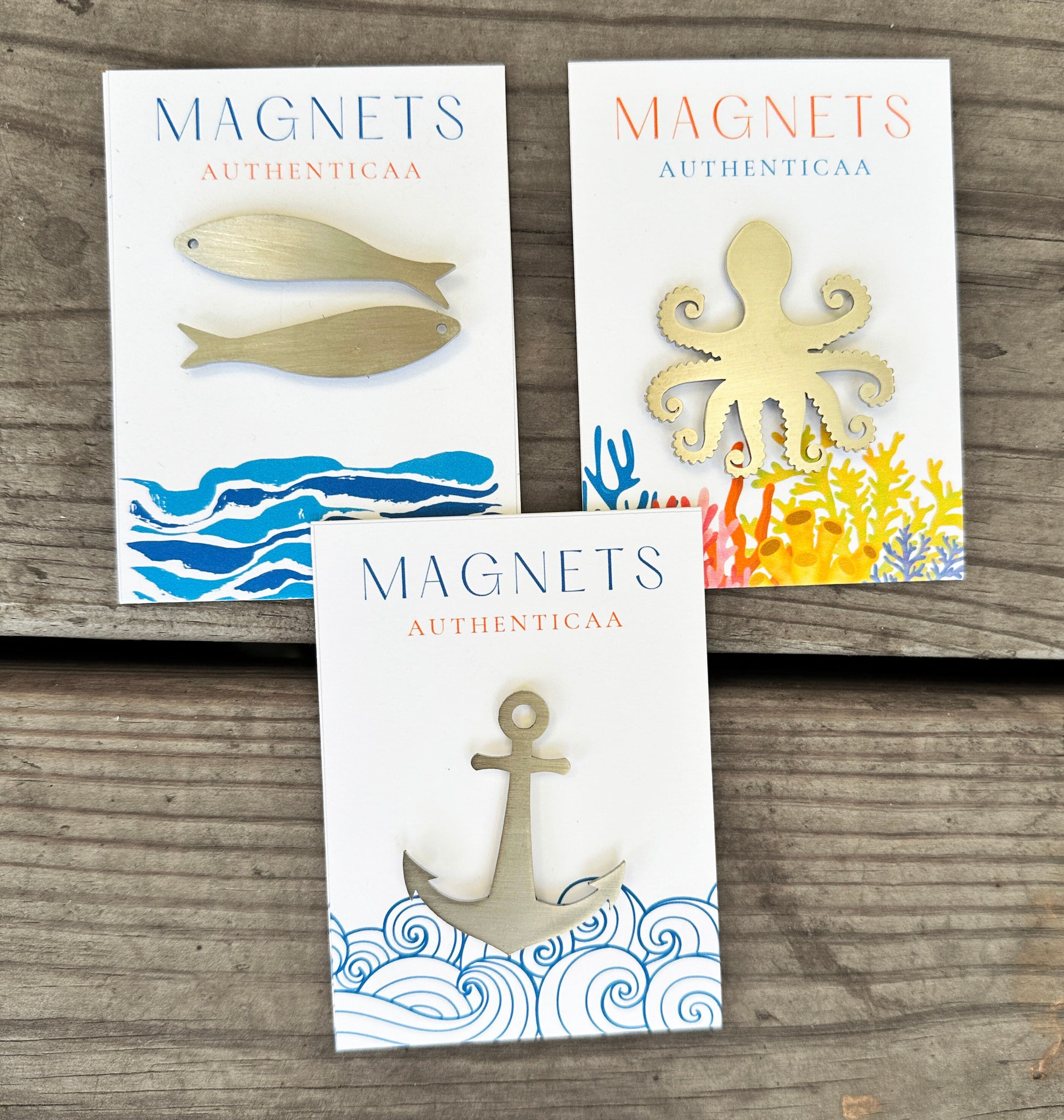 3 Seaside themed cards showing sardines magnets, octopus magnet and an anchor magnet.