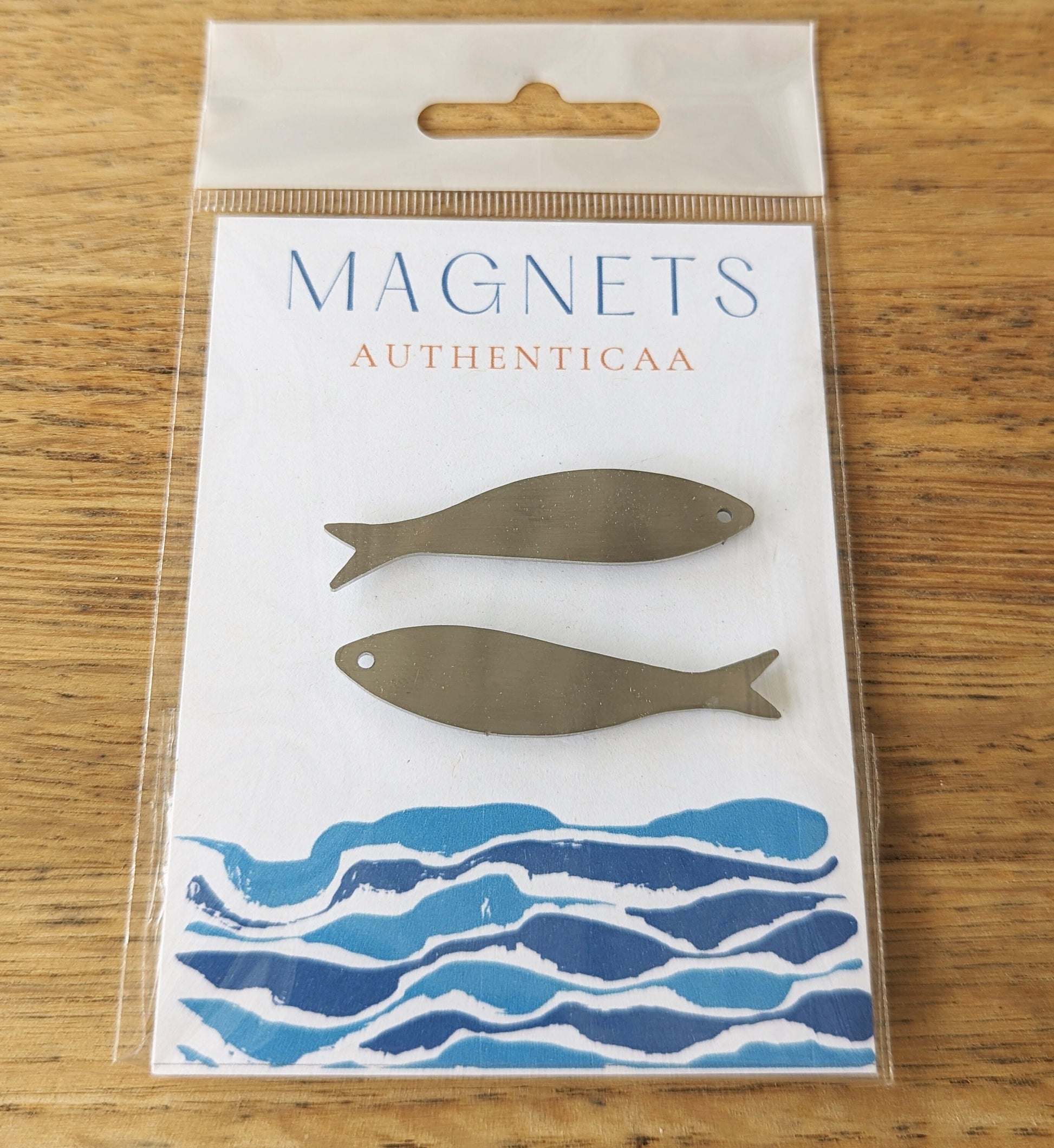 sardine magnets made of stainless steel and placed on an illustrated card and in a plastic pouch