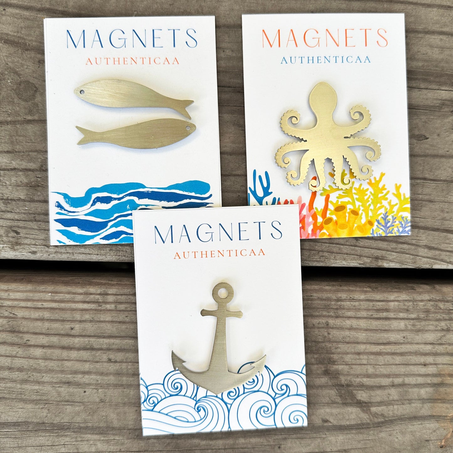 an assortment of 3 beach themed magnets, sardines, octopus and anchor. All stainless steel magnets are attached to an illustrated card