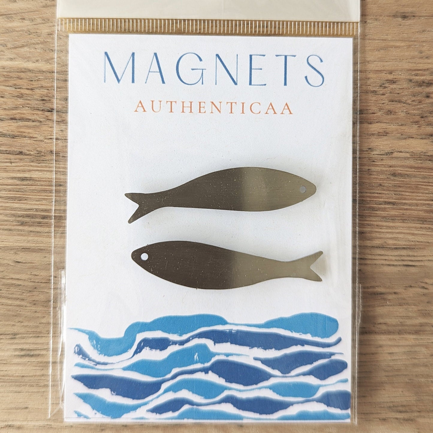 sardine magnets made of stainless steel and placed on an illustrated card and in a plastic pouch