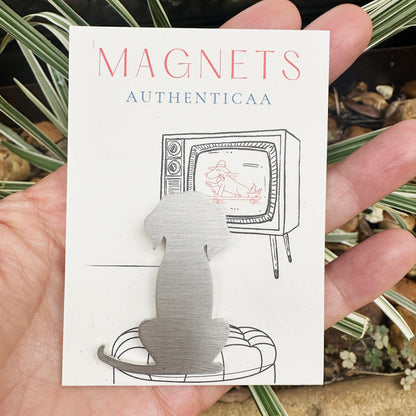 Stainless steel dog  sitting his back to us, watching TV on the illustrated card