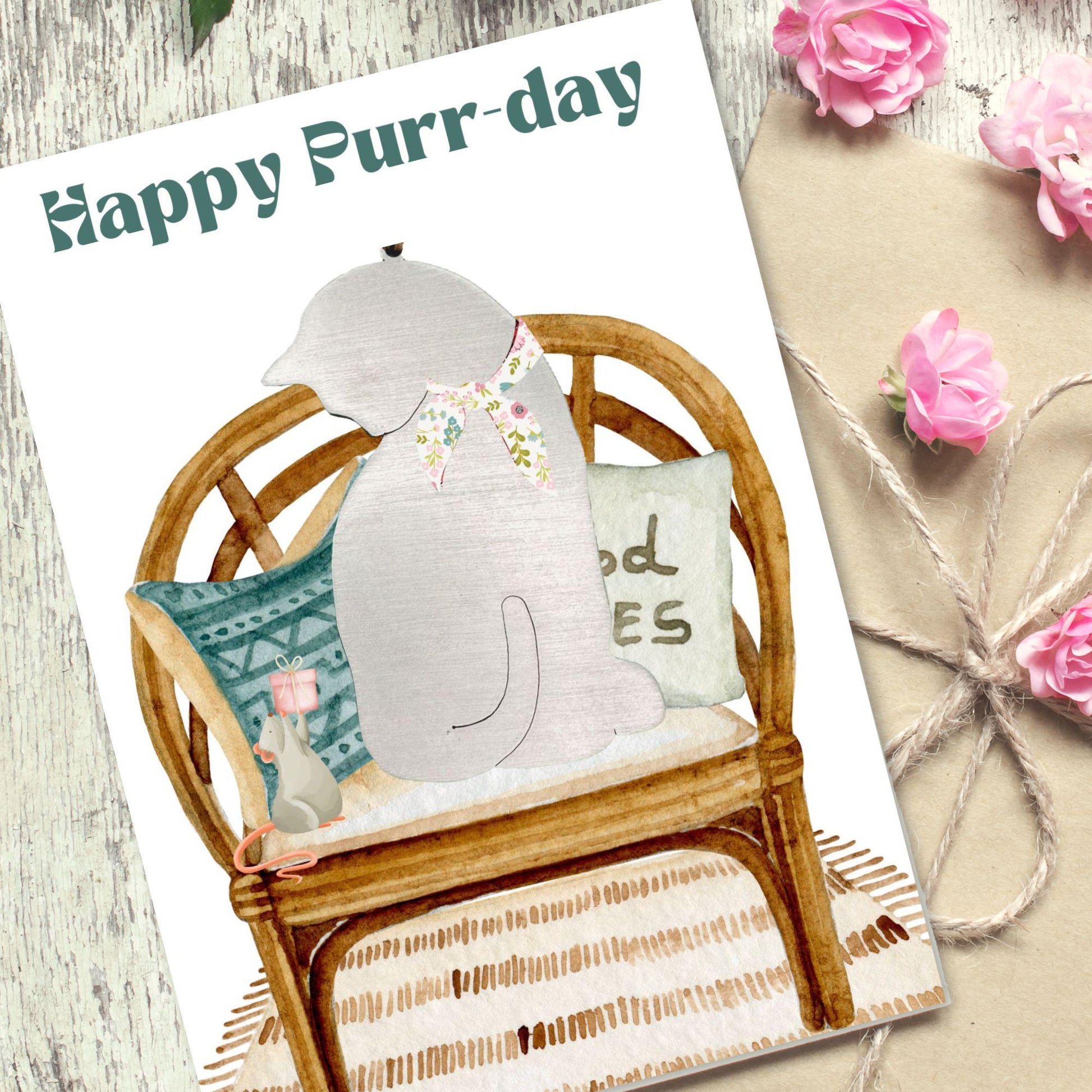 a card with a picture of a dog sitting on a chair