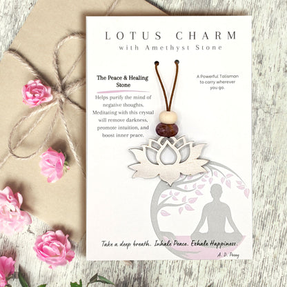 Lotus Flower Stainless Steel Charm with Amethyst Gemstone - Authenticaa