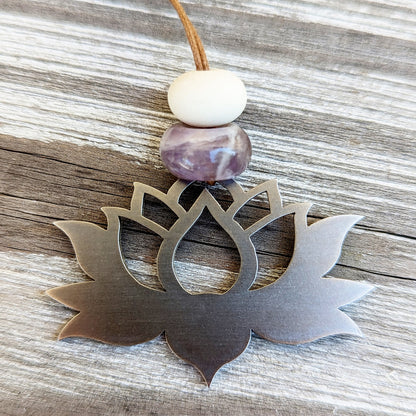 Lotus Flower Stainless Steel Charm with Amethyst Gemstone - Authenticaa