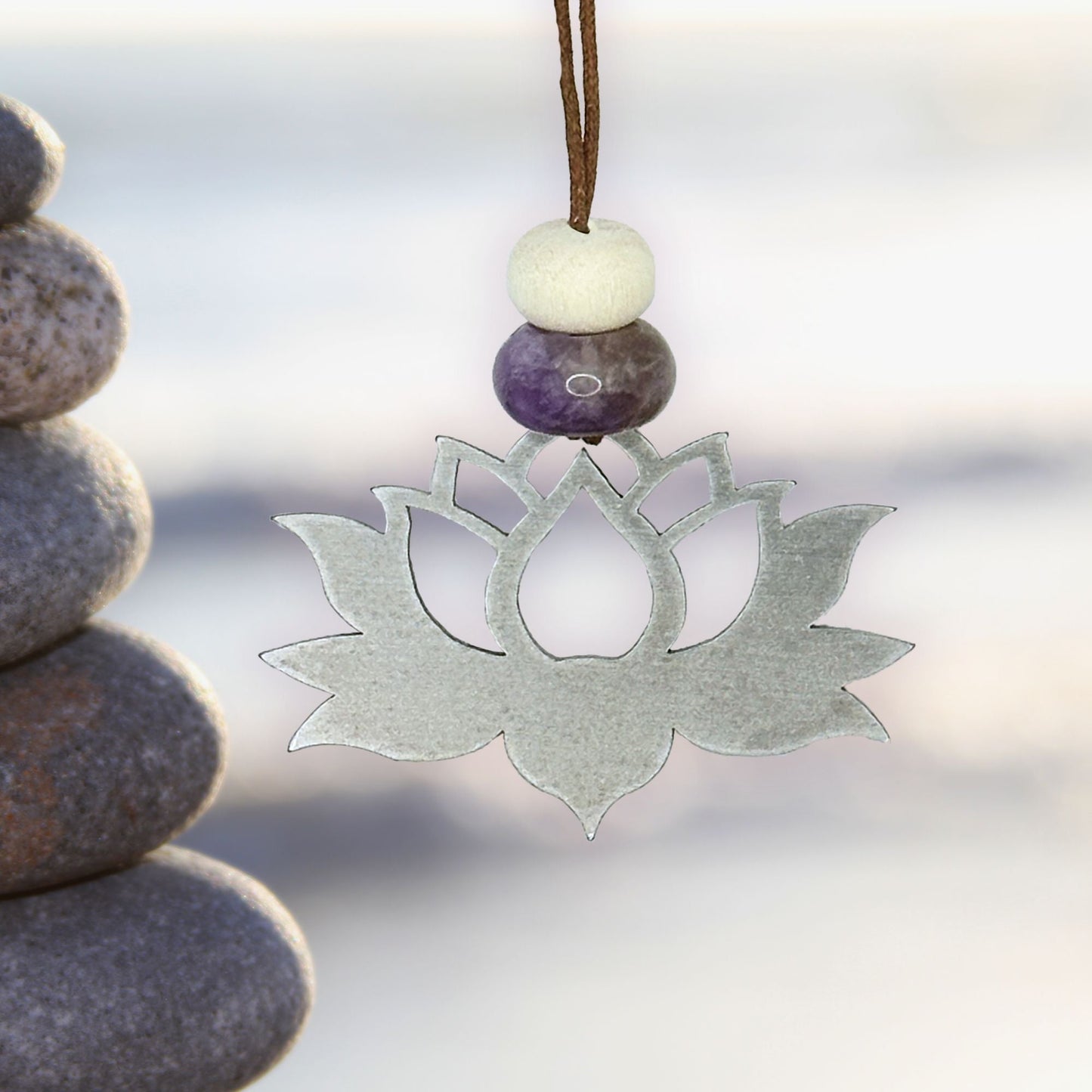 Lotus Flower Stainless Steel Charm with Amethyst Gemstone - Authenticaa