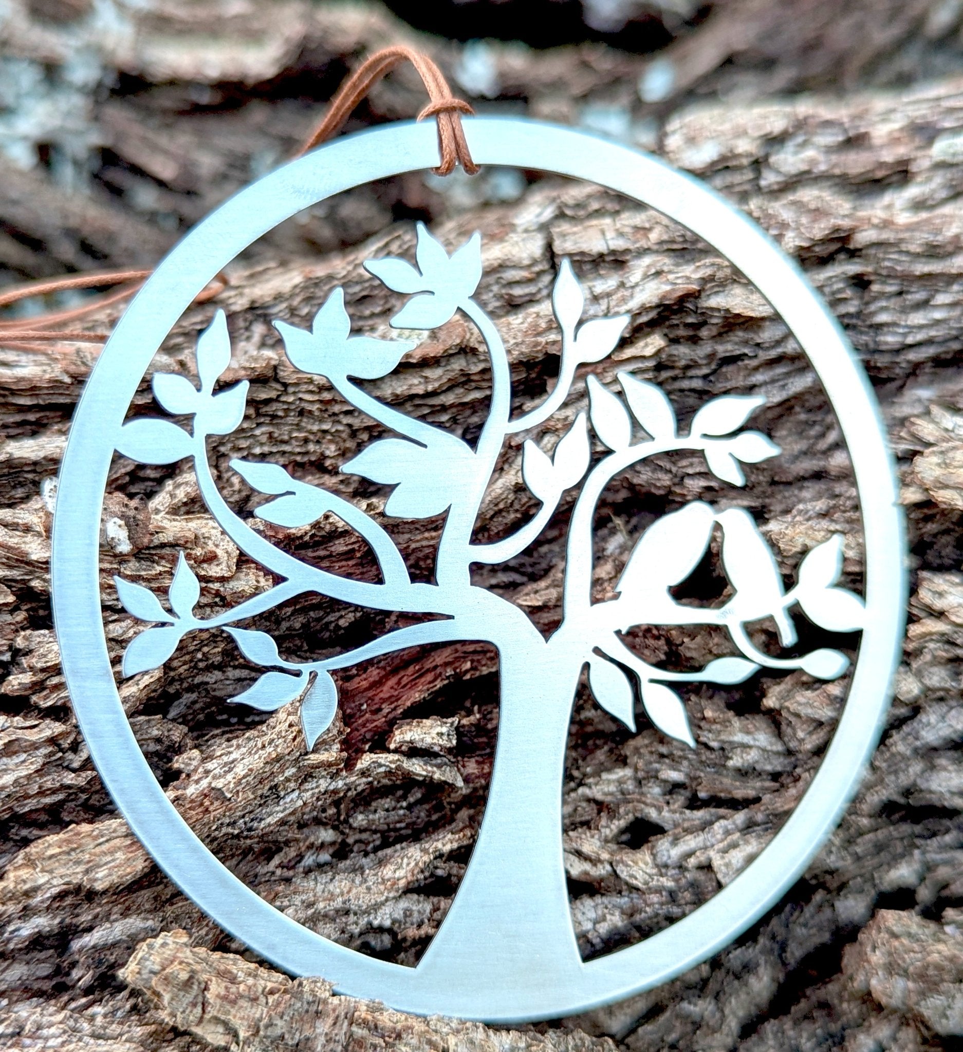 2 Lovebirds facing each other on a tree of life, stainless steel ornament by Authenticaa