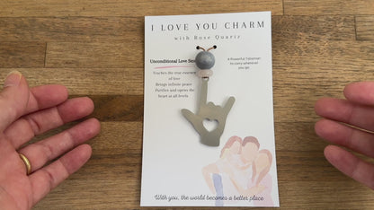 ASL I Love You Charm with Rose Quartz Gemstone