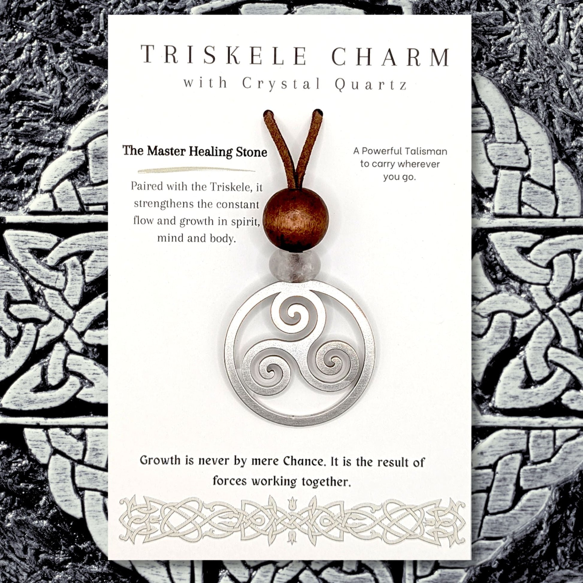 Triskele Stainless Steel Celtic Charm with Crystal Quartz Gemstone - Authenticaa